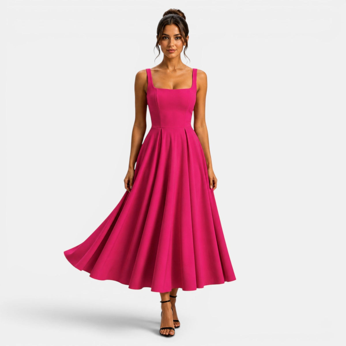 Abito Cerimonia Donna Midi a Spalline con Gonna Svasata