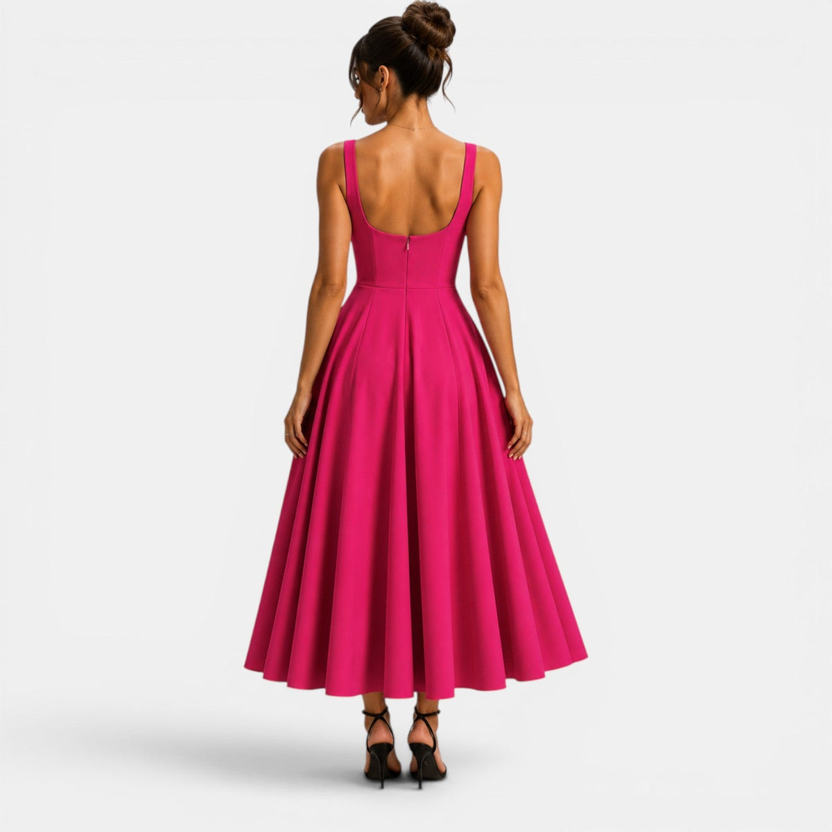 Abito Cerimonia Donna Midi a Spalline con Gonna Svasata