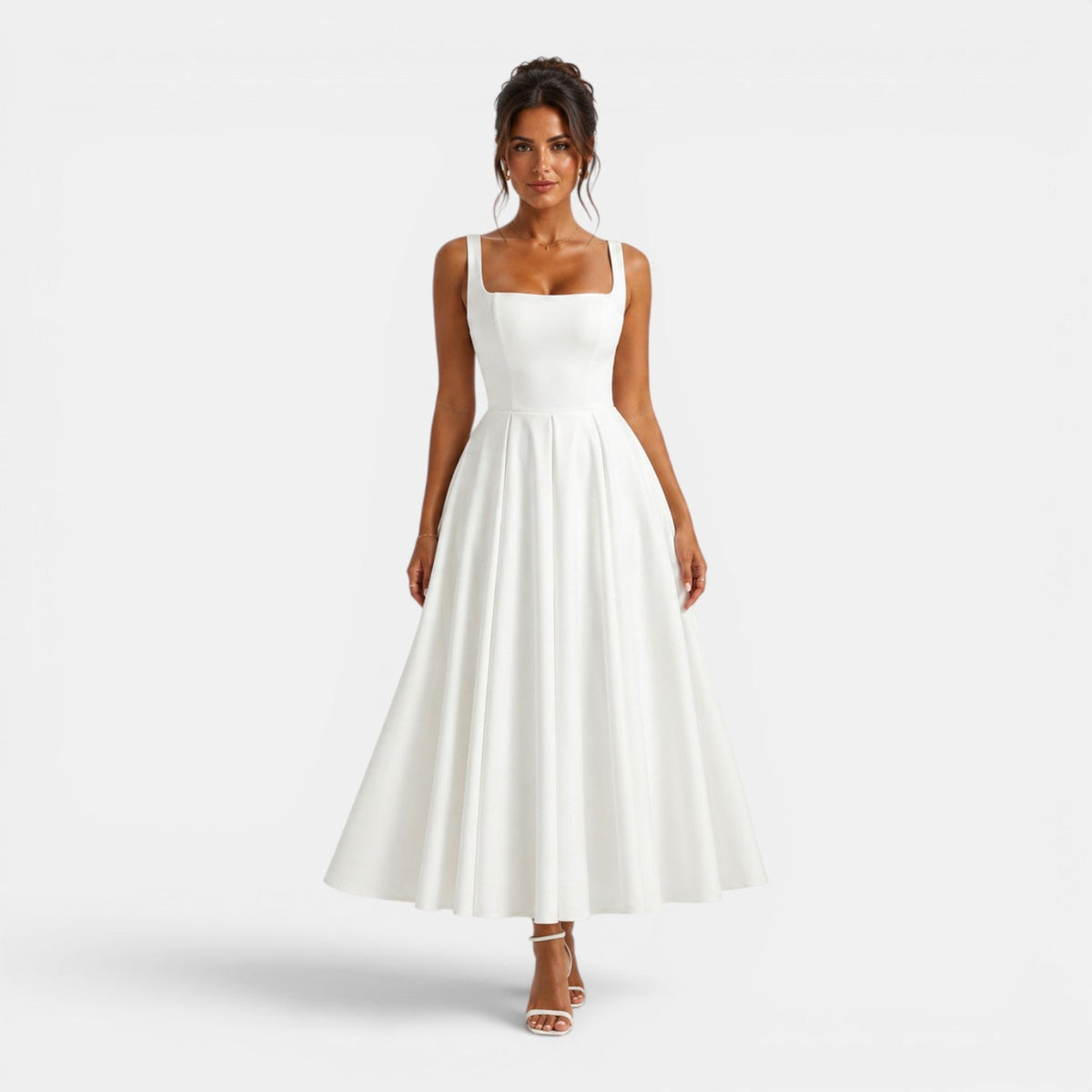 Abito Cerimonia Donna Midi a Spalline con Gonna Svasata