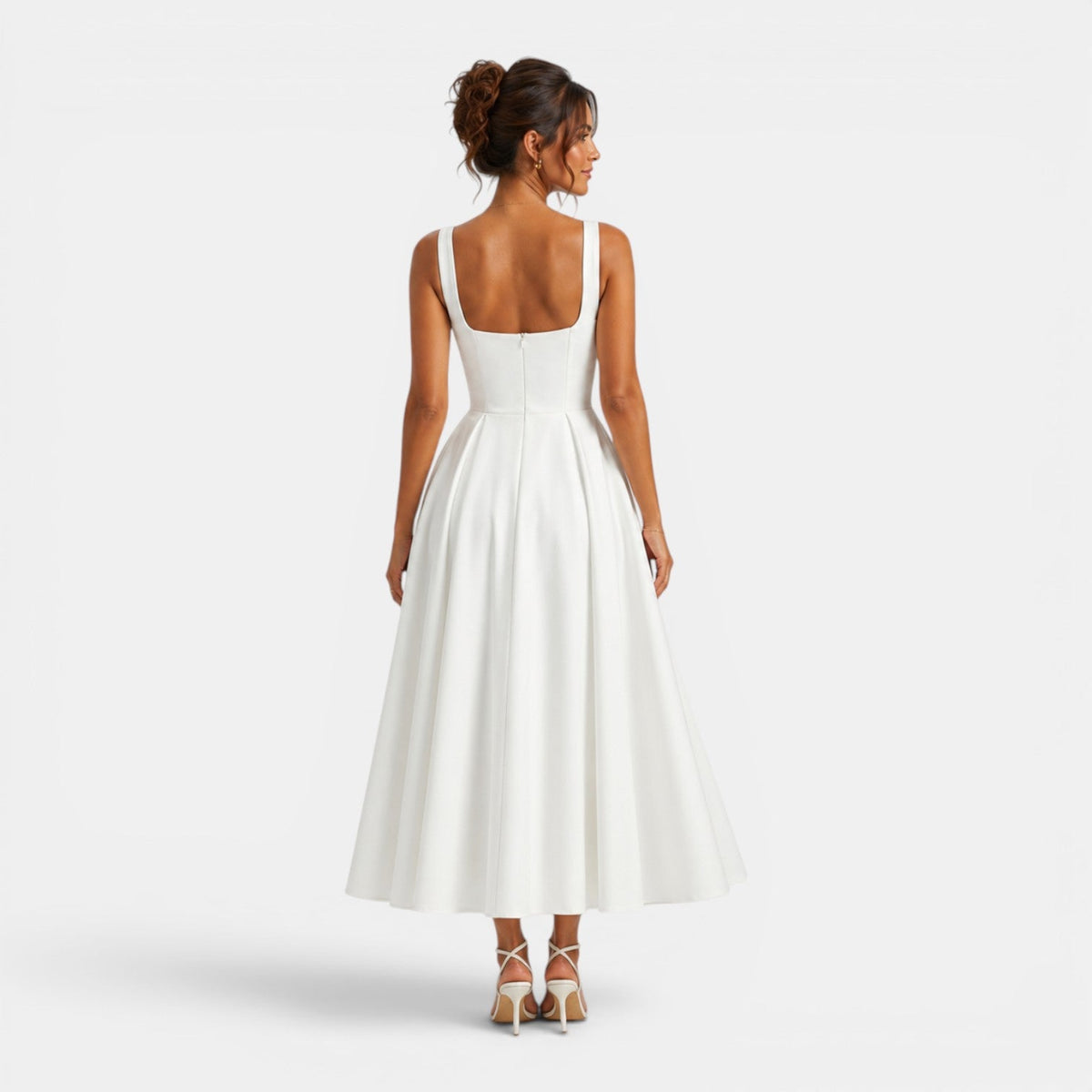 Abito Cerimonia Donna Midi a Spalline con Gonna Svasata