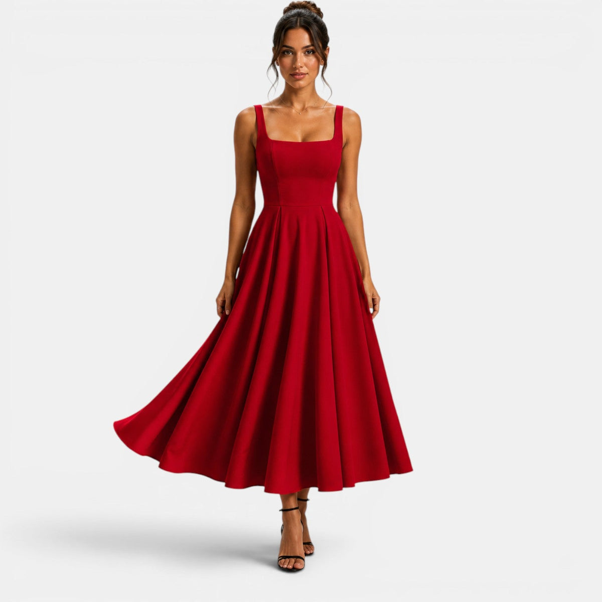 Abito Cerimonia Donna Midi a Spalline con Gonna Svasata