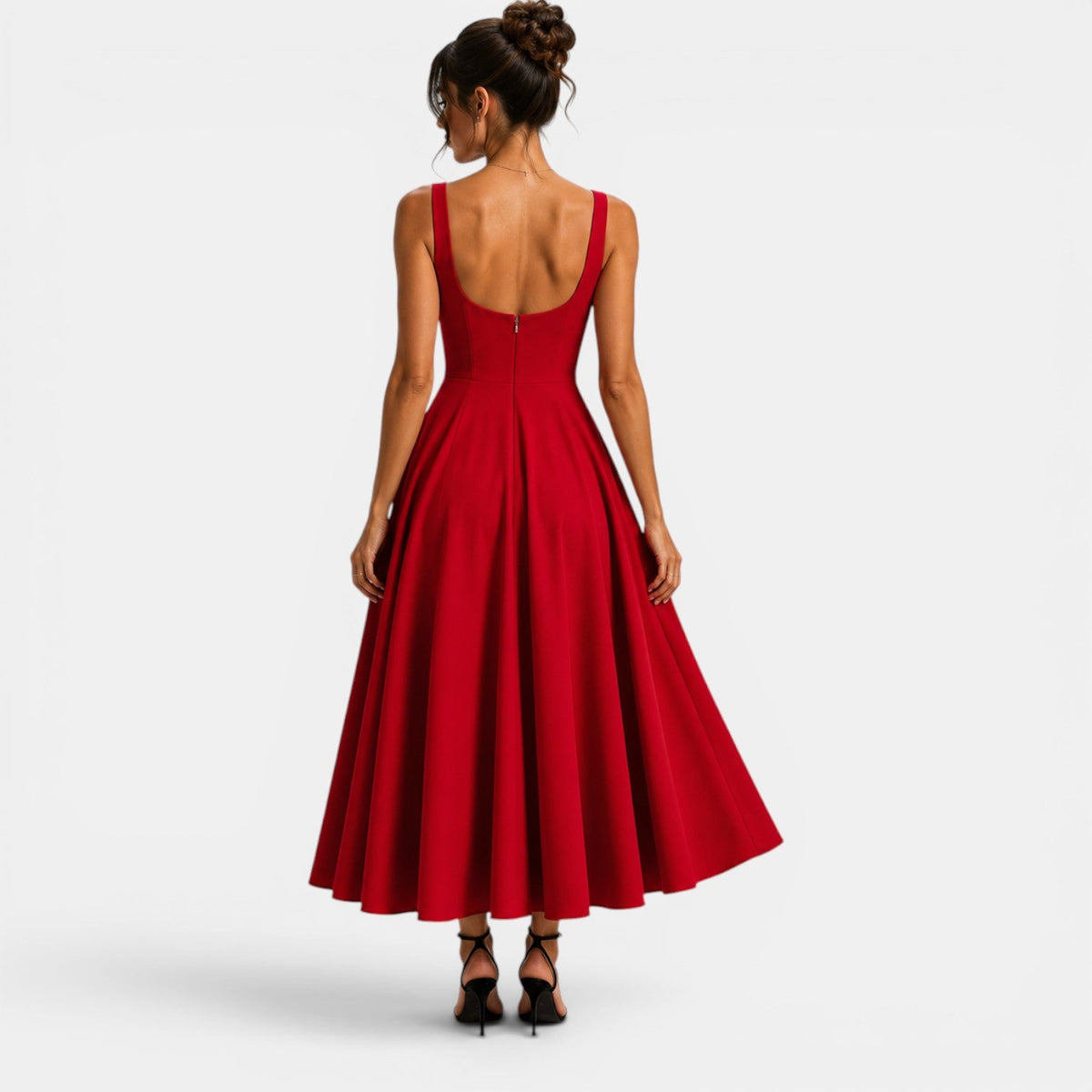 Abito Cerimonia Donna Midi a Spalline con Gonna Svasata