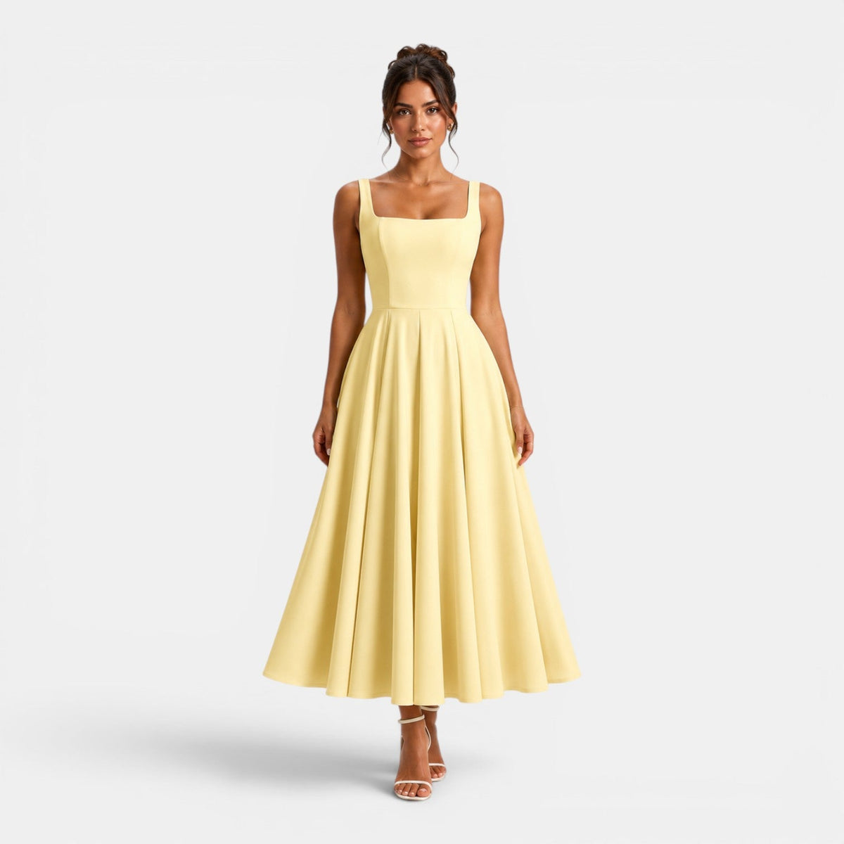 Abito Cerimonia Donna Midi a Spalline con Gonna Svasata