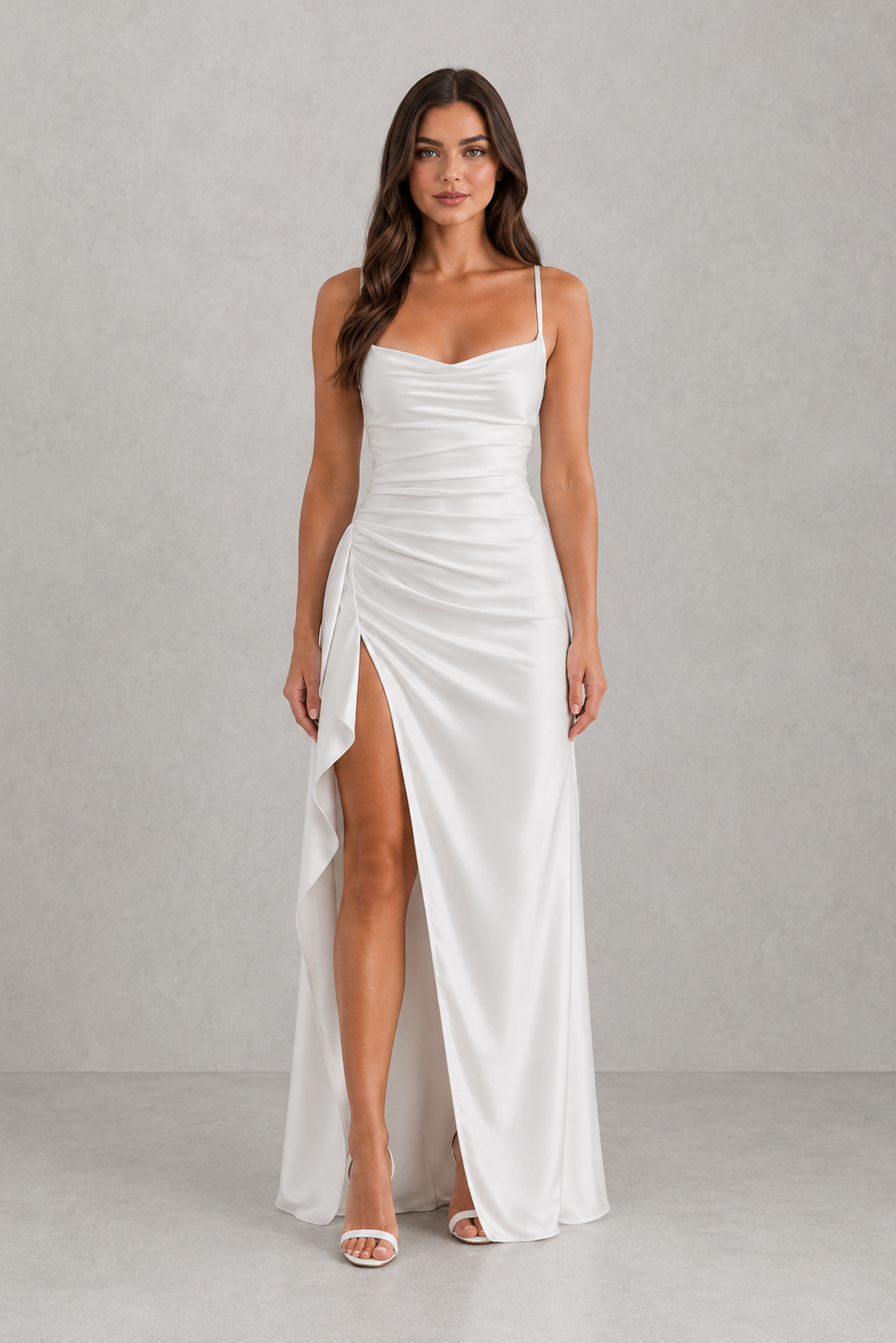 Abito Lungo Donna in Raso con Spacco Laterale e Scollo Drappeggiato