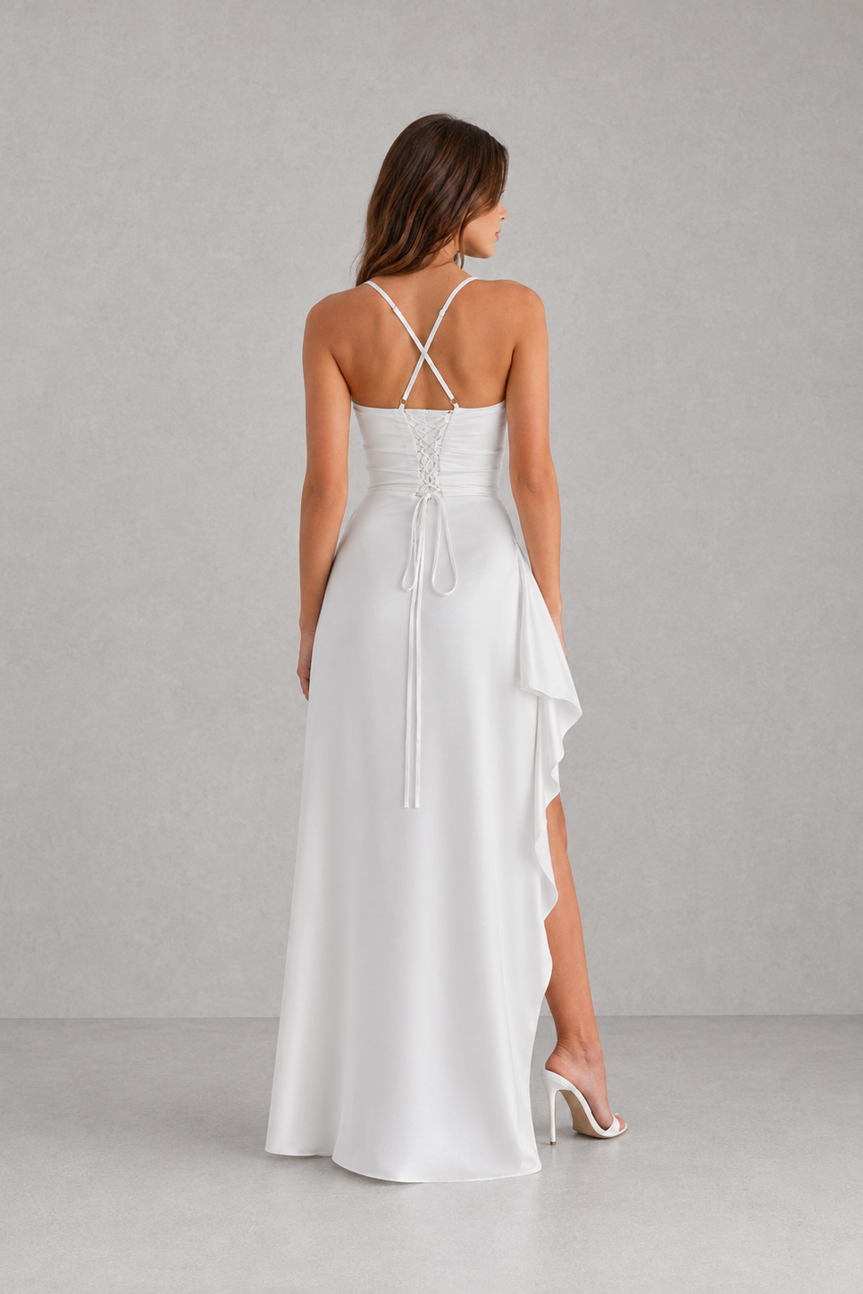 Abito Lungo Donna in Raso con Spacco Laterale e Scollo Drappeggiato
