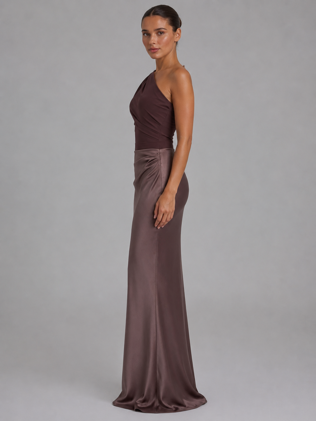Vestito Elegante Donna Monospalla Effetto Raso Lungo
