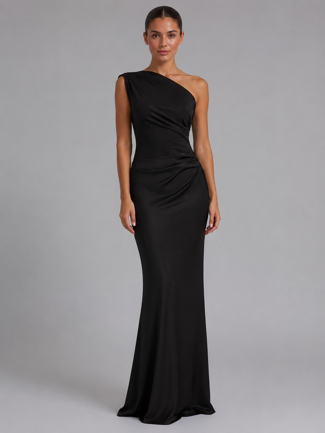 Vestito Elegante Donna Monospalla Effetto Raso Lungo