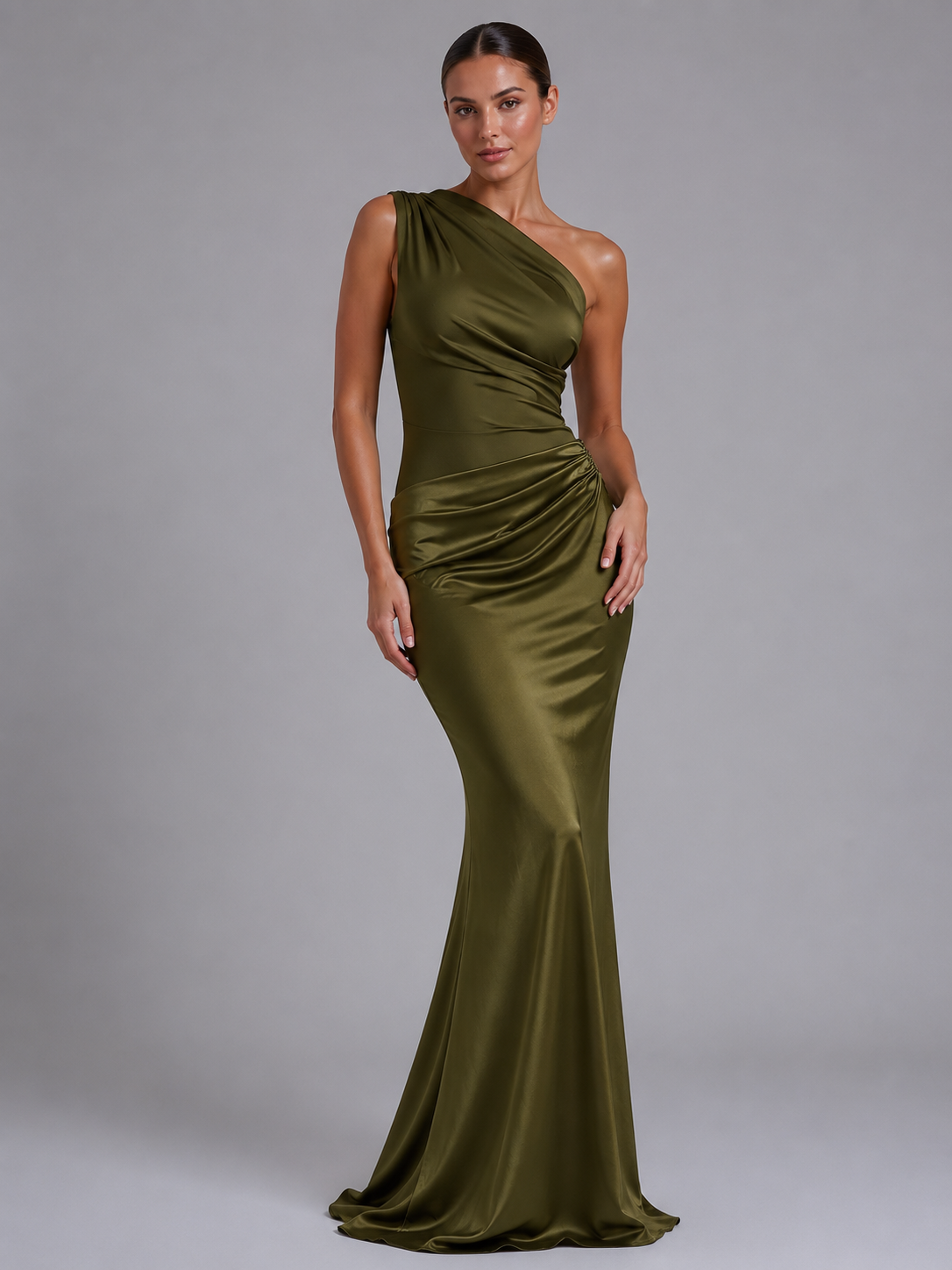 Vestito Elegante Donna Monospalla Effetto Raso Lungo