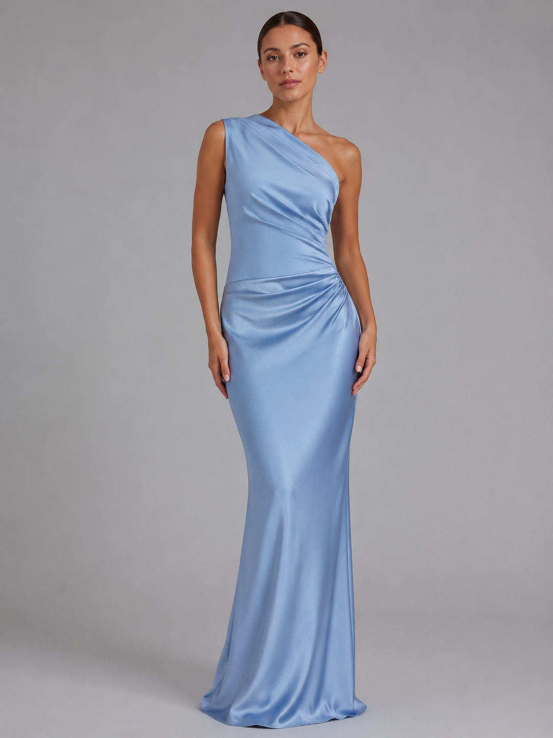 Vestito Elegante Donna Monospalla Effetto Raso Lungo
