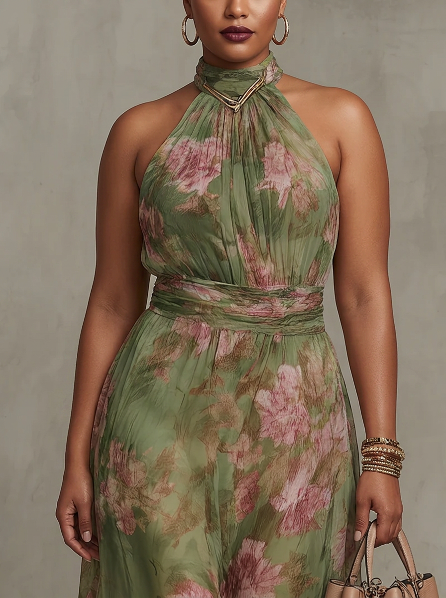 Vestito Donna Lungo Maxi Chiffon Verde con Collo Halter Floreale