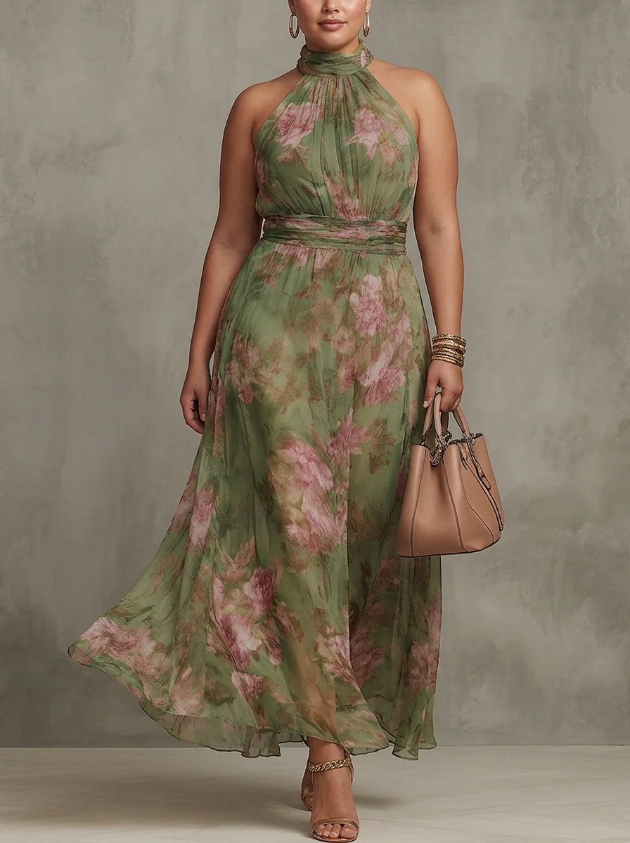 Vestito Donna Lungo Maxi Chiffon Verde con Collo Halter Floreale