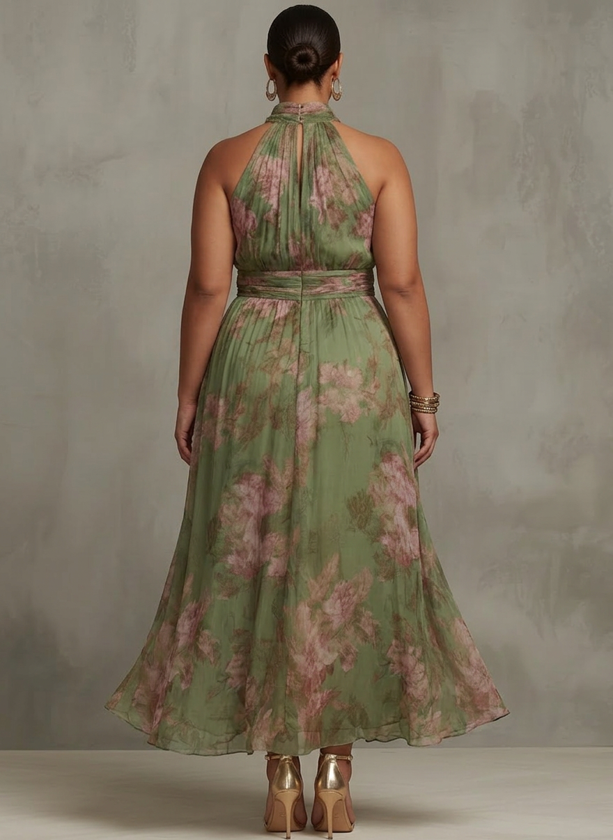 Vestito Donna Lungo Maxi Chiffon Verde con Collo Halter Floreale