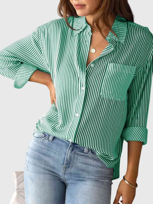 Camicia Donna a Righe con Colletto e Allacciatura Frontale