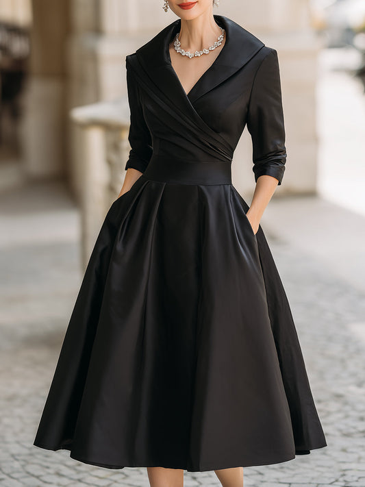 Abito Midi A-Linea da Donna – Con Collo Drappeggiato, Adatto per Primavera e Estate