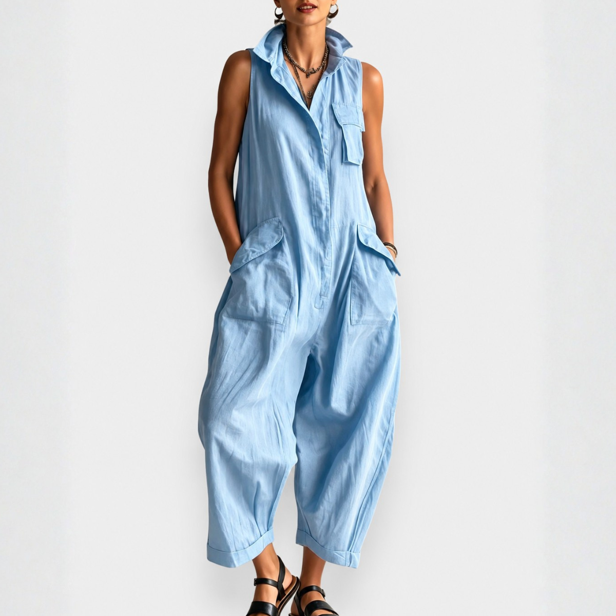 Tuta Jumpsuit Donna Senza Maniche Stile Cargo con Colletto