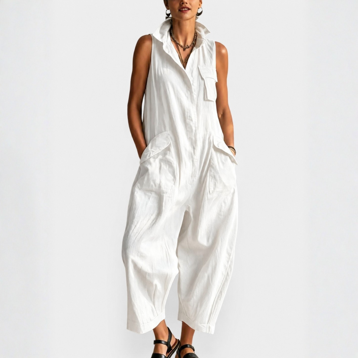 Tuta Jumpsuit Donna Senza Maniche Stile Cargo con Colletto