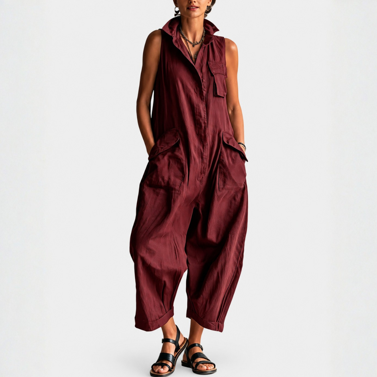Tuta Jumpsuit Donna Senza Maniche Stile Cargo con Colletto