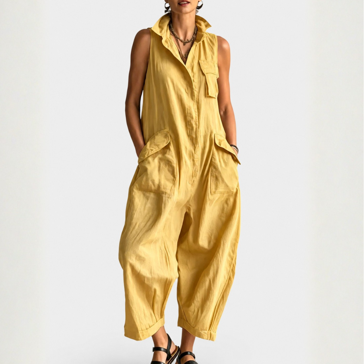 Tuta Jumpsuit Donna Senza Maniche Stile Cargo con Colletto
