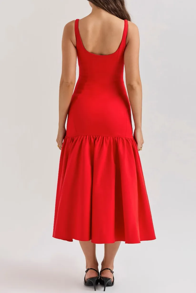 Abito Midi A-Line da Donna – Senza Maniche con Ruches, Adatto per Primavera e Estate