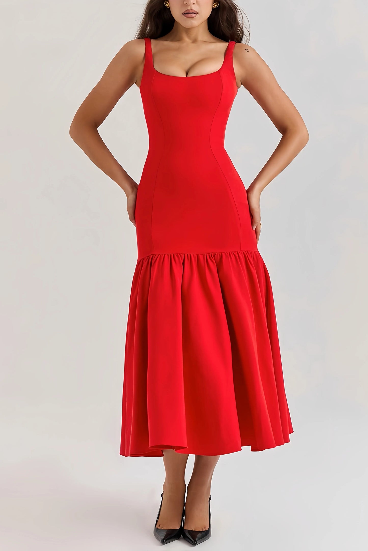 Abito Midi A-Line da Donna – Senza Maniche con Ruches, Adatto per Primavera e Estate