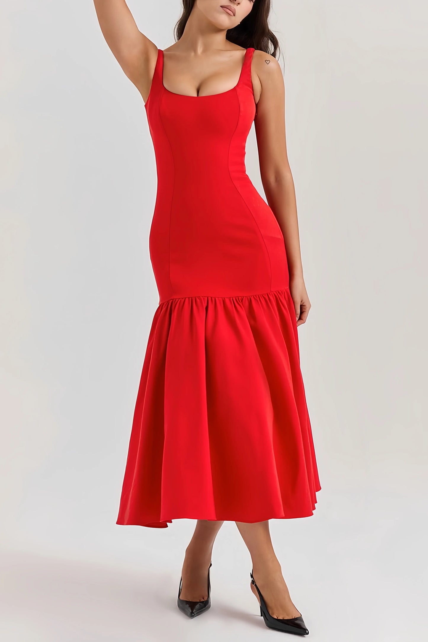 Abito Midi A-Line da Donna – Senza Maniche con Ruches, Adatto per Primavera e Estate