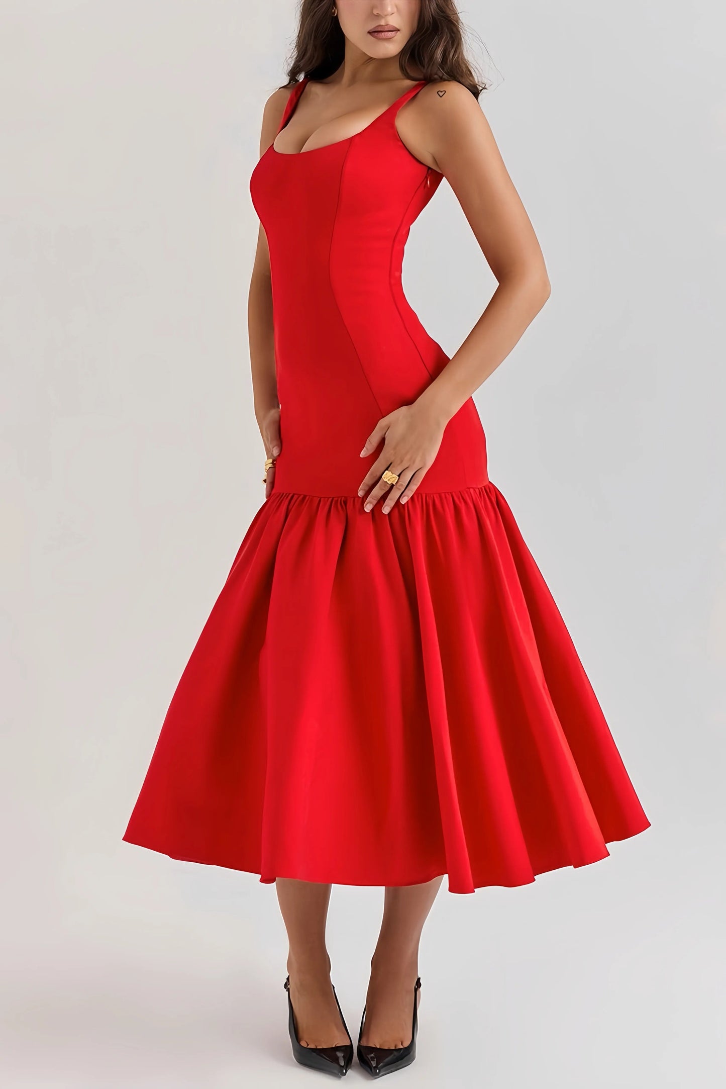 Abito Midi A-Line da Donna – Senza Maniche con Ruches, Adatto per Primavera e Estate
