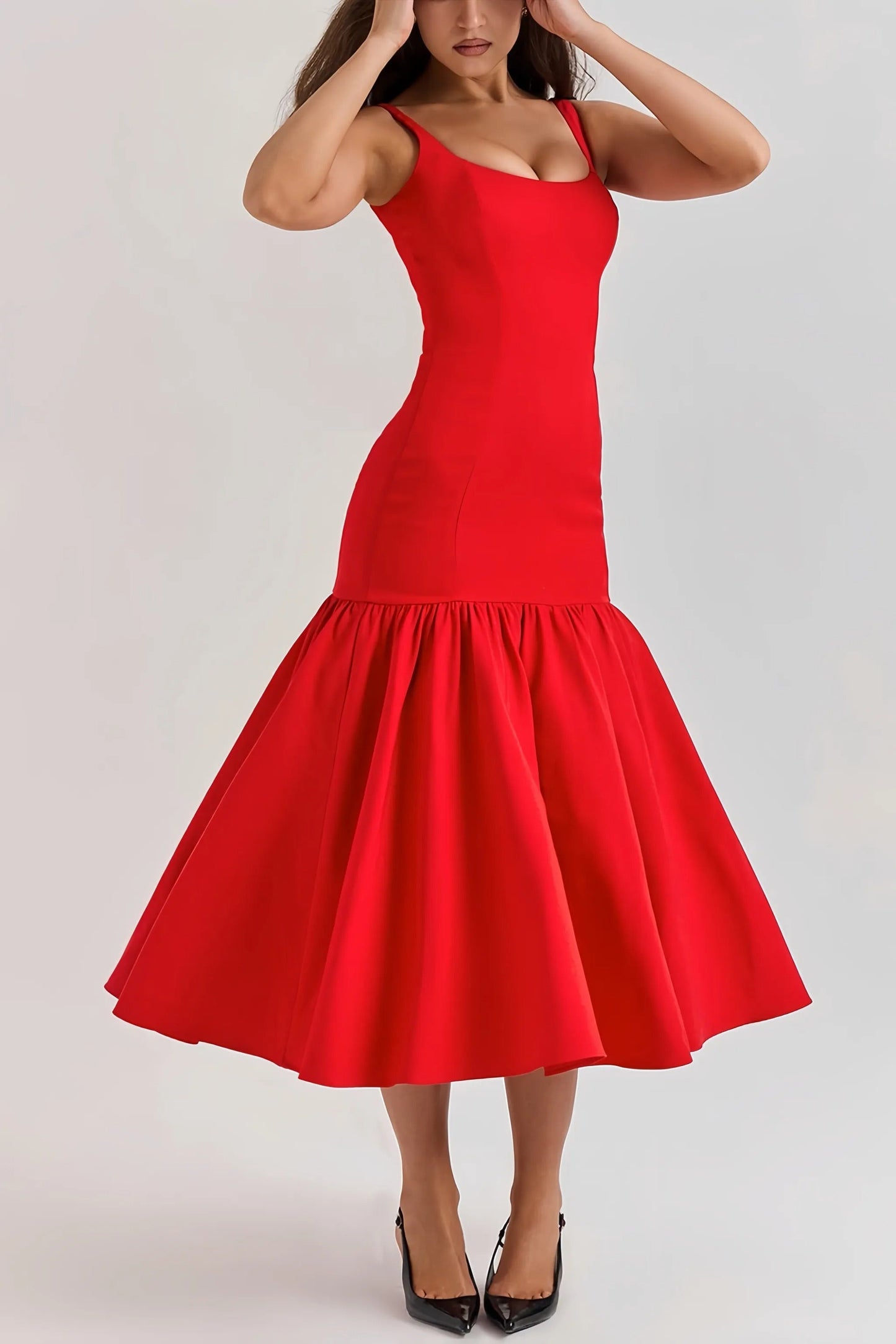 Abito Midi A-Line da Donna – Senza Maniche con Ruches, Adatto per Primavera e Estate