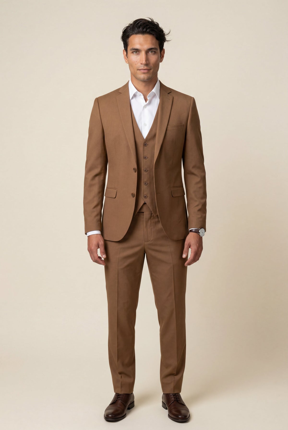 Brown Slim Fit Three Piece Wedding Suit with Vest - Wedding suits - Photo 1