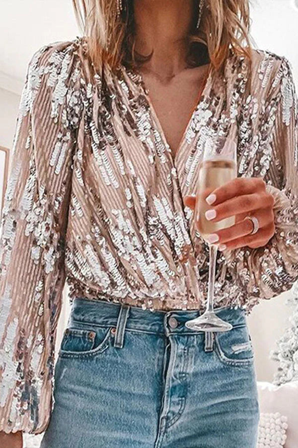 Blusa Brillante – Nera con Paillettes, Elegante Collo a V e Maniche a Palloncino per Feste o Serate Fuori