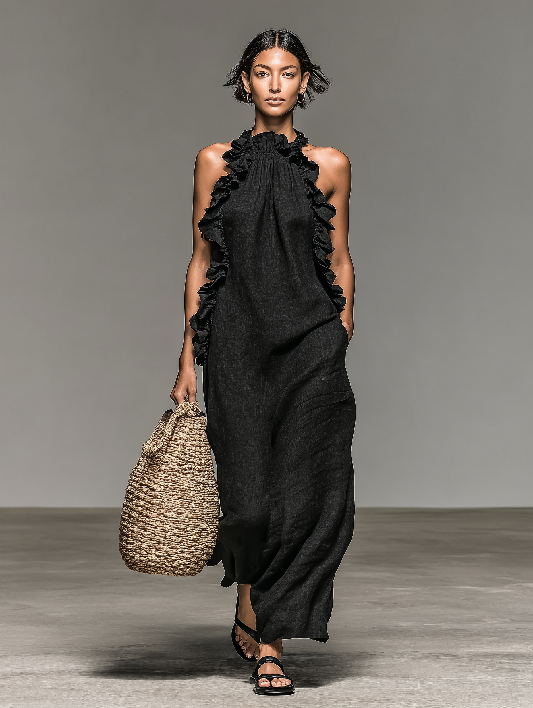 Abito Donna Maxi con Volant Senza Maniche
