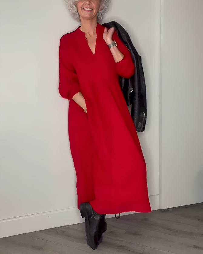 Abito Lungo Donna Scollo a V - Maniche Lunghe in Cotone