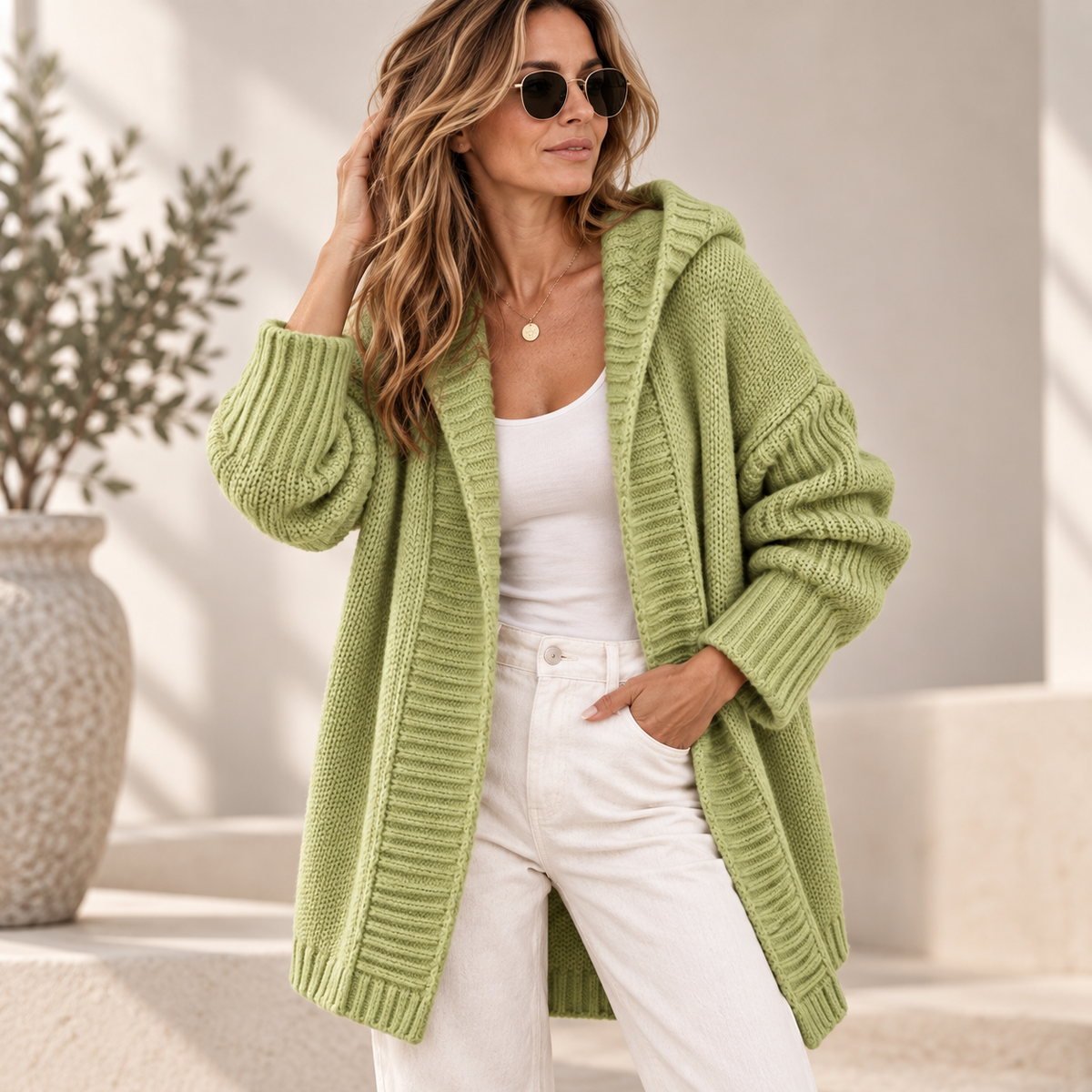 Cardigan Donna con Cappuccio Maglia Grossa Lunga
