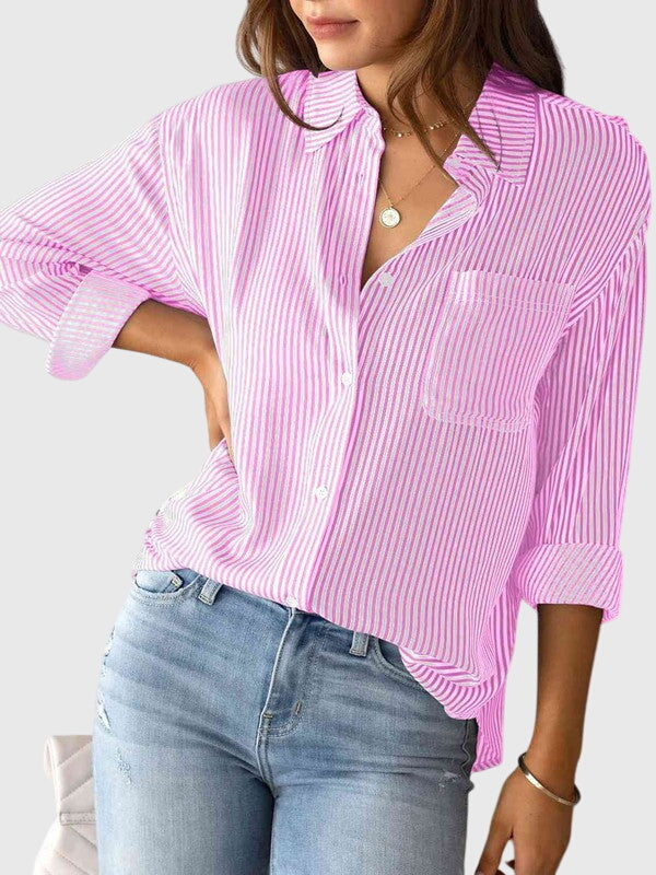 Camicia Donna a Righe con Colletto e Allacciatura Frontale