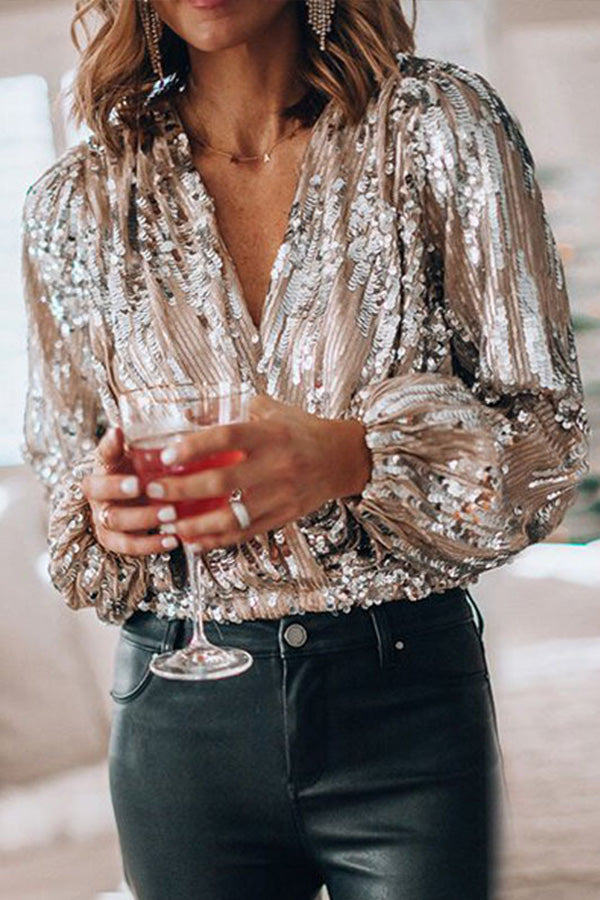 Blusa Brillante – Nera con Paillettes, Elegante Collo a V e Maniche a Palloncino per Feste o Serate Fuori