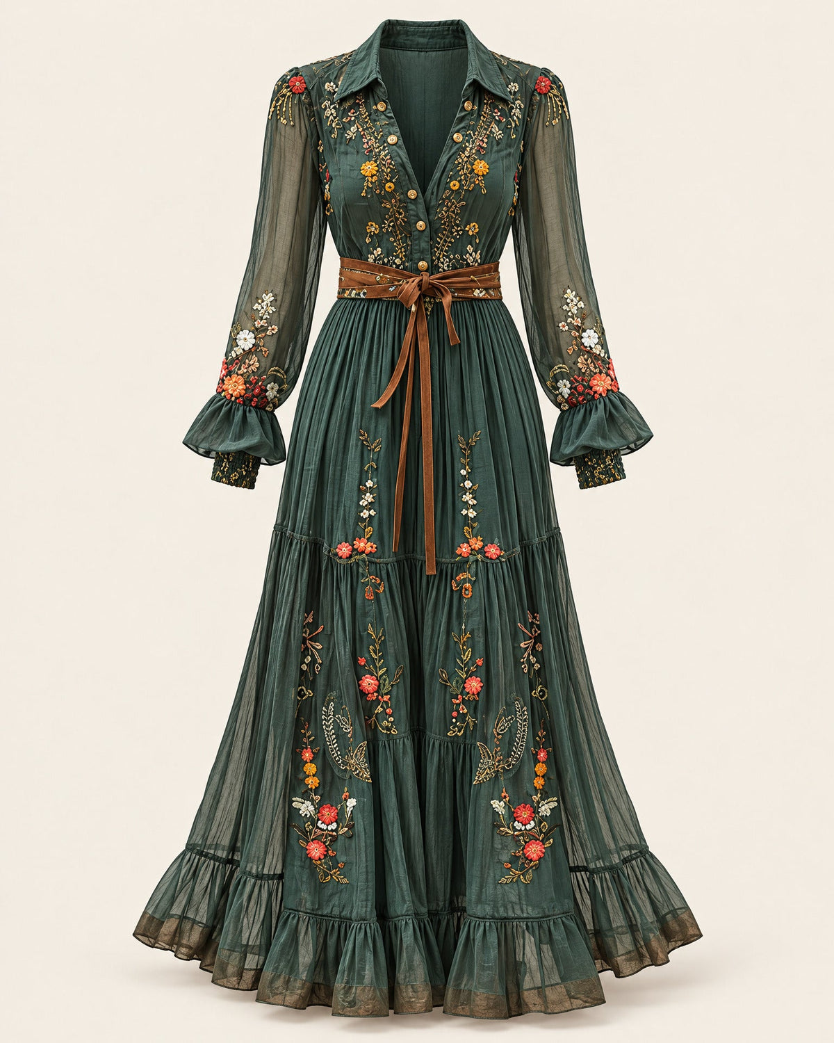 Embroidered V-Neck Long Sleeve Maxi Dress for Women – clean studio photo