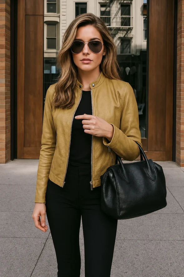Giacca Donna in Pelle Slim Fit con Colletto alla Coreana e Zip