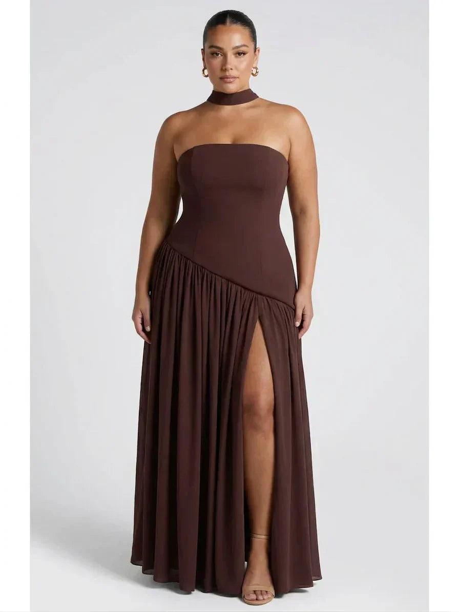 Vestito Elegante Donna Lungo Senza Spalline Bicolore con Spacco