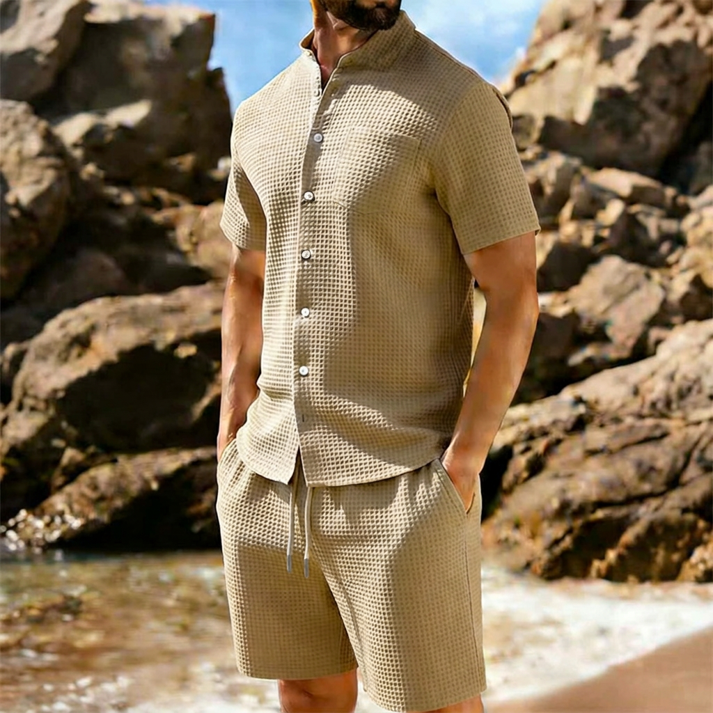 Completo Camicia e Shorts in Maglina a Trama Strutturata