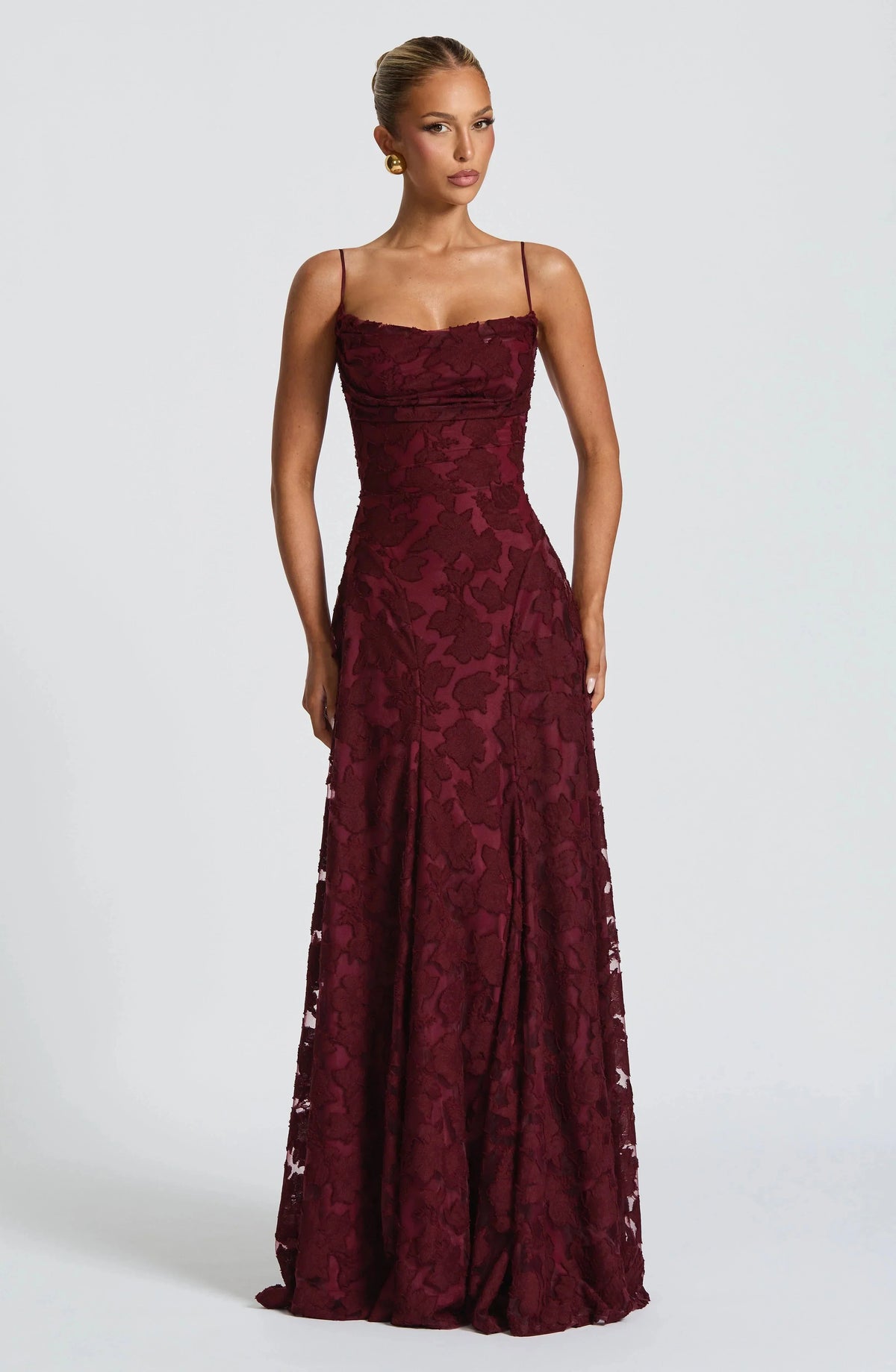 Dames Maxi Jurk Mouwloos met Cowl-hals en Bloemenpatroon Bordeaux