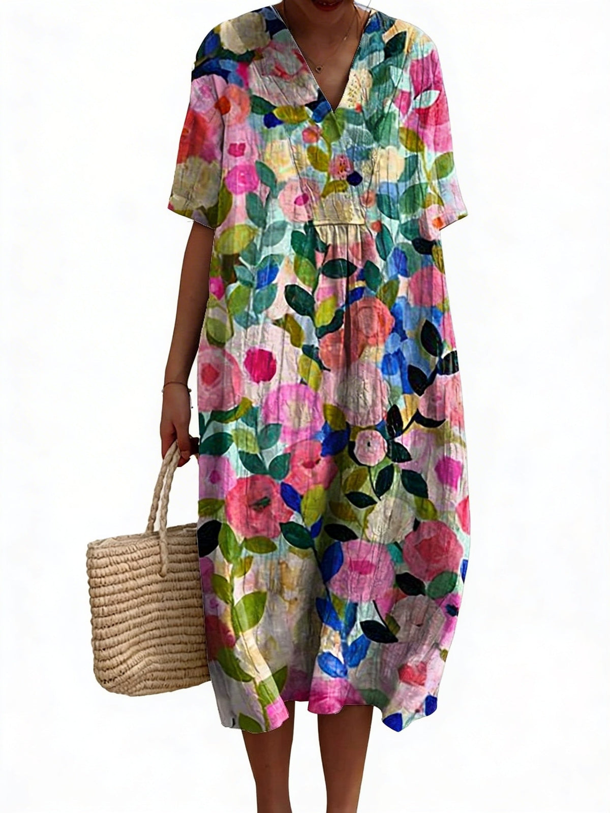 Dames Midi Jurk met V-hals en Korte Mouwen met Bloemenprint