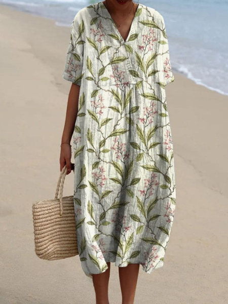 Dames Midi Jurk met V-hals en Korte Mouwen met Bloemenprint