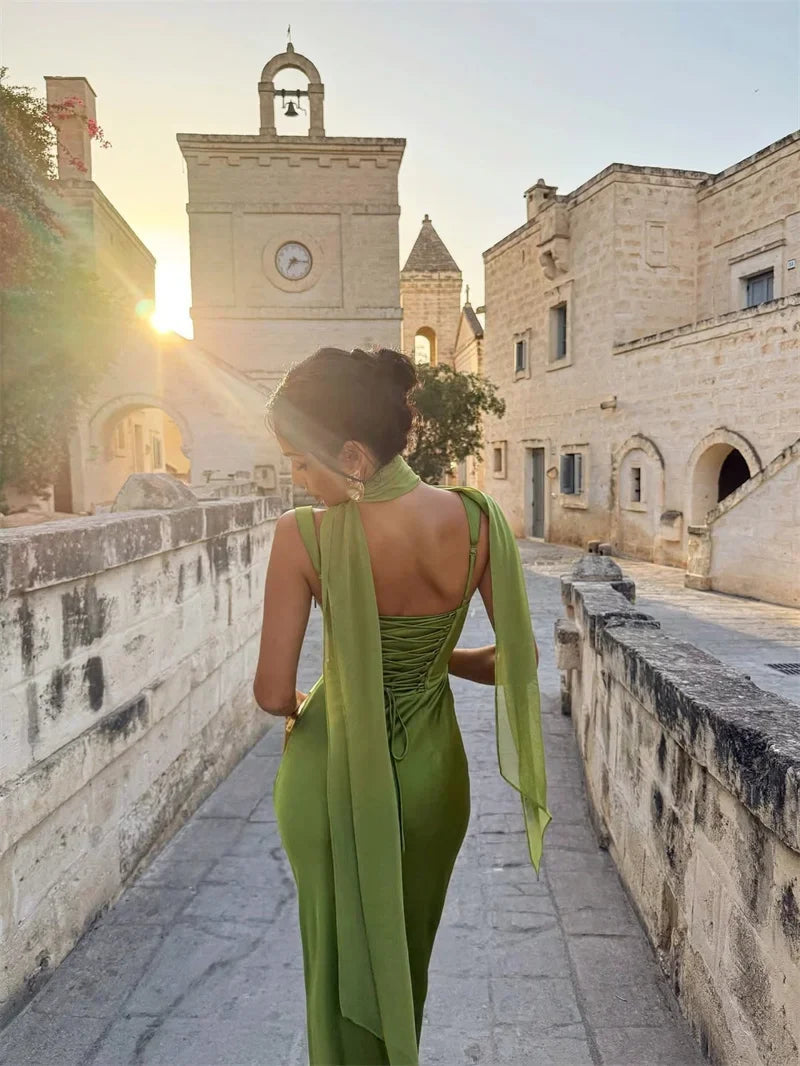 Vestito Donna Cerimonia Lungo Senza Maniche con Schiena Scoperta