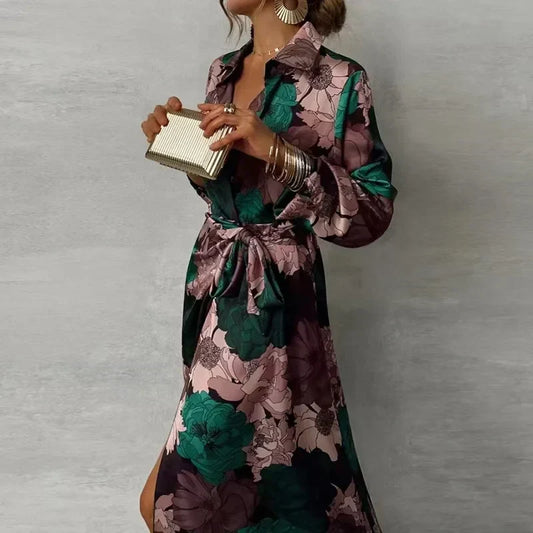 Abito Donna Maxi Fiori con Colletto e Fiocco in Vita