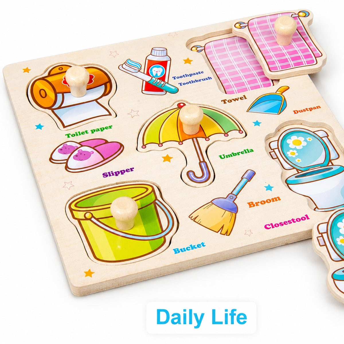 Wooden hand-grip peg puzzle board, Daily Life theme with toothbrush, umbrella, bucket, broom and toilet pieces
