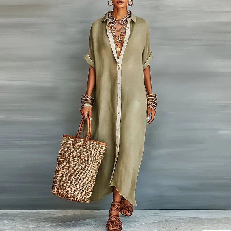 Abito Camicia Maxi Donna con Bottoni - Manica Corta