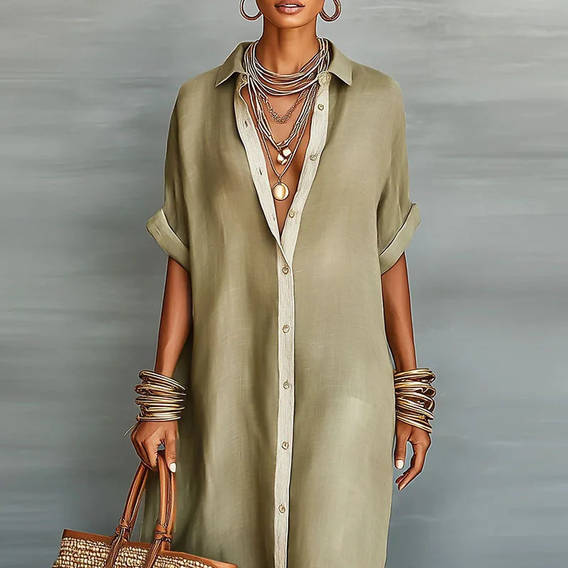 Abito Camicia Maxi Donna con Bottoni - Manica Corta