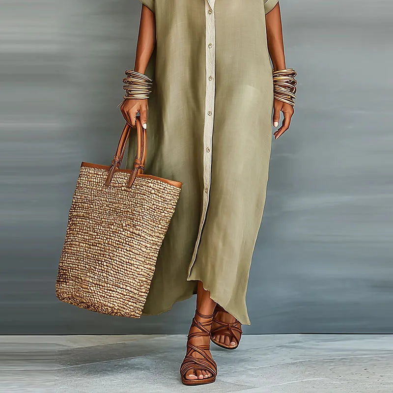 Abito Camicia Maxi Donna con Bottoni - Manica Corta