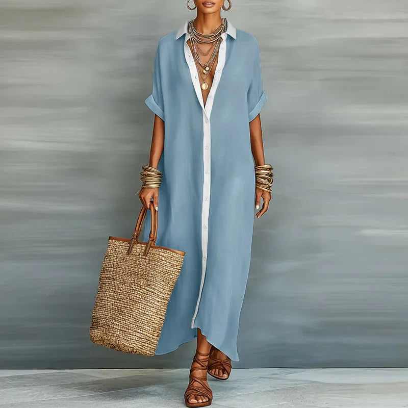 Abito Camicia Maxi Donna con Bottoni - Manica Corta
