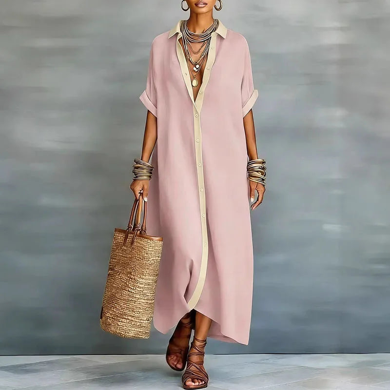 Abito Camicia Maxi Donna con Bottoni - Manica Corta