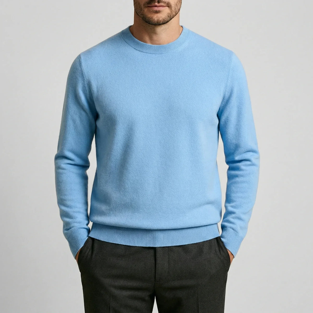 Fall sweater — Light blue cashmere crewneck long sleeves, front view. Perfect — 2 — view 2